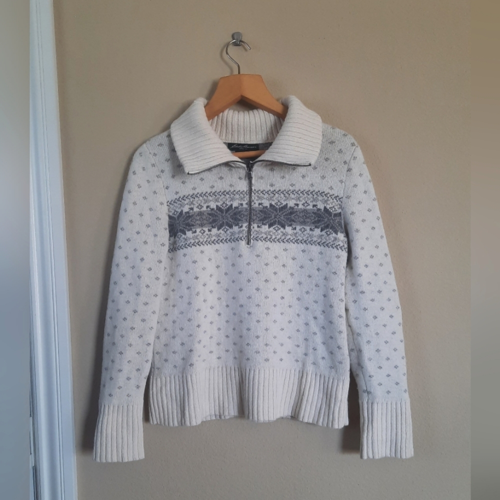 Eddie Bauer Cozy Wool Pullover Quarter Zip Sweater Cardigan Fair Isle Quarter